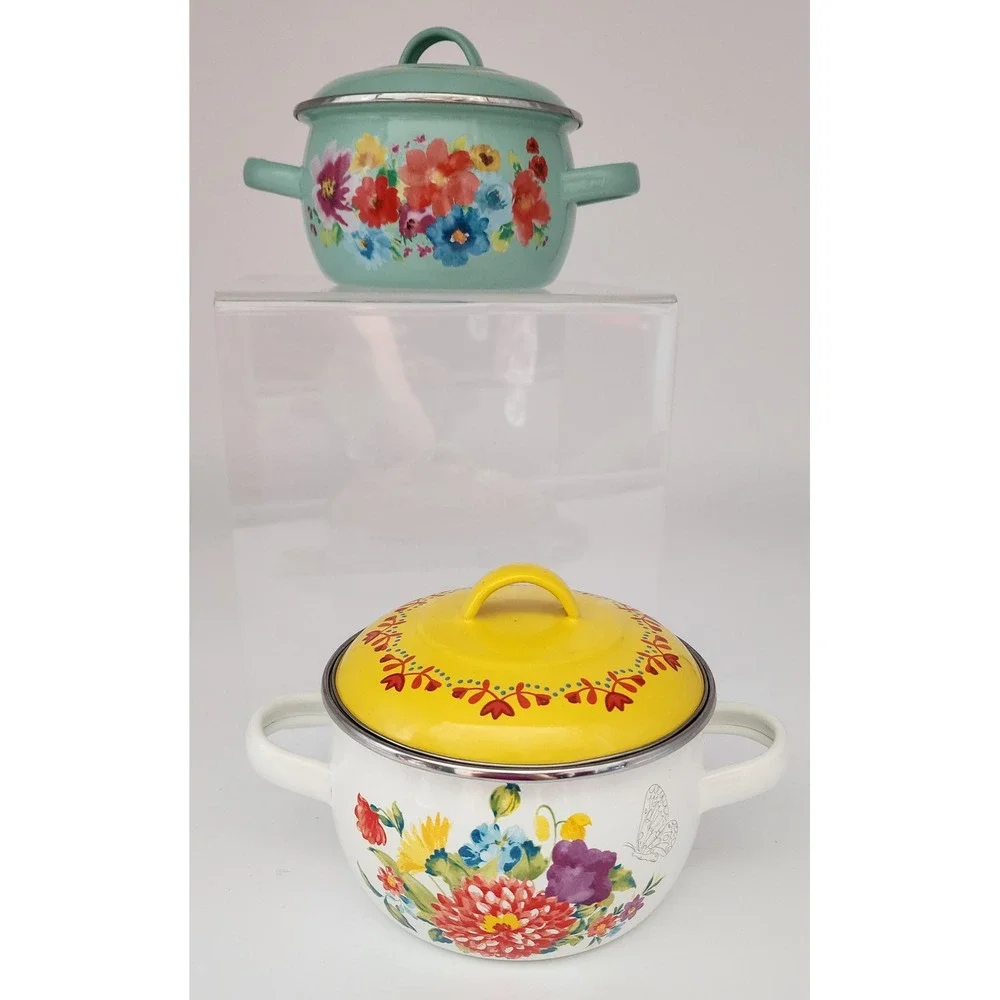 The Pioneer Woman Mini Dutch Oven Set 2pc Floral Enamel Steel Teal White 1 Qt